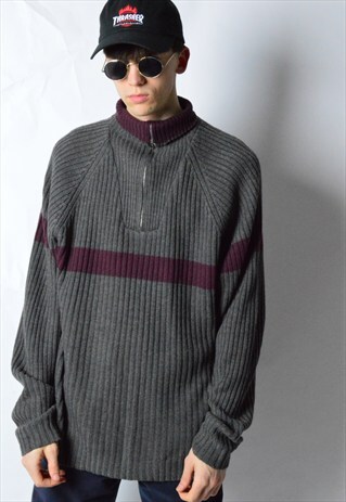 VINTAGE 90S GREY BURGUNDY 1/3 ZIPPER JUMPER