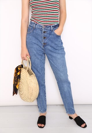 VINTAGE BLUE ACID WASH DENIM HIGH WAISTED MOM JEANS