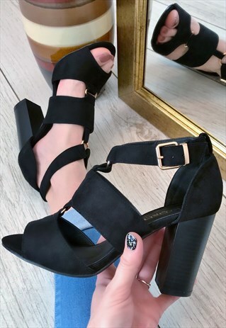 BLACK FAUX SUEDE CAGE SANDALS