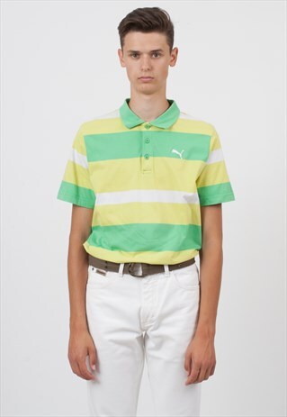 VINTAGE GREEN PUMA STRIPED SHORT SLEEVE POLO SHIRT TOP