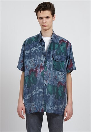 VINTAGE BLUE CHARLES COTTONS SHORT SLEEVE SILK SHIRT