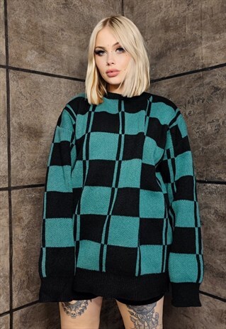 Check sweater chess board jumper grunge top in black blue