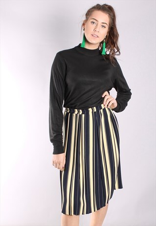 VINTAGE 80S PLEATED MIDI SKIRT IN NAVY BLUE STRIPE