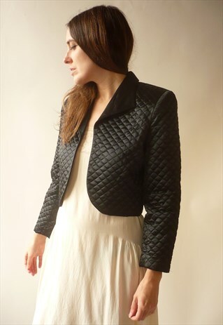 1980'S VINTAGE BLACK QUILTED SATIN CROPPED JACKET