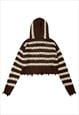 MESH KNITTED CROP HOODIE TRANSPARENT STRIPE JUMPER IN BROWN