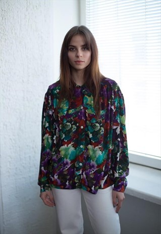 VINTAGE 70'S MULTICOLOUR PATTERNED LONG SLEEVES BLOUSE