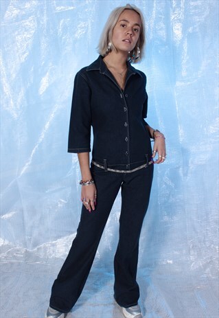 VINTAGE BLUE DENIM LOOK Y2K FLARED JUMPSUIT