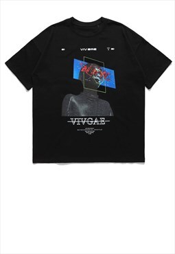 Cyber print t-shirt Y2K grunge robot tee raver top in black
