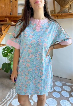 Vintage 90's Floral And Pink T-Shirt Dress - M
