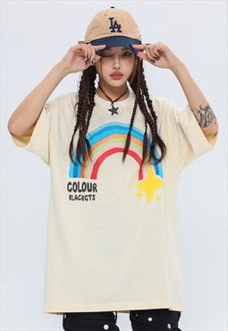 Rainbow print t-shirt star patch tee grunge rave top cream