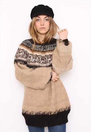 VINTAGE 80S BROWN ICELANDIC WOOL CHUNKY KNIT JUMPER