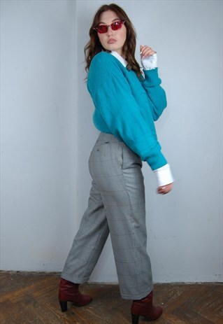 VINTAGE GREY CHECKERED CASUAL OFFICE STRAIGHT TROUSERS