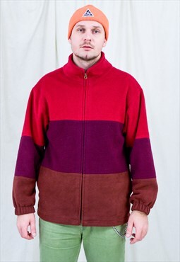 Striped fleece jacket burgundy red sweatshirt vintage M/L