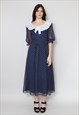 70'S VINTAGE LADIES DRESS BLUE SHEER WHITE POLKA DOT MAXI