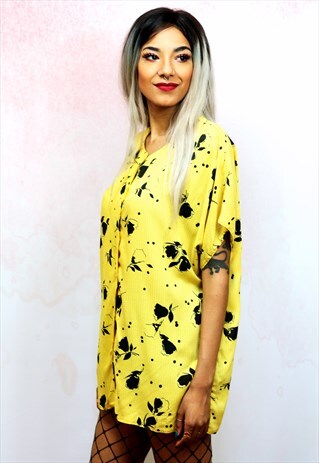 1990S VINTAGE VISCOSE YELLOW AND BLACK FLORAL BLOUSE