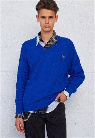 VINTAGE BLUE LACOSTE V-NECK KNIT JUMPER