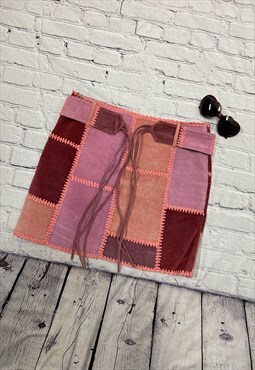 Pink Leather Suede Patchwork Vintage Skirt 12