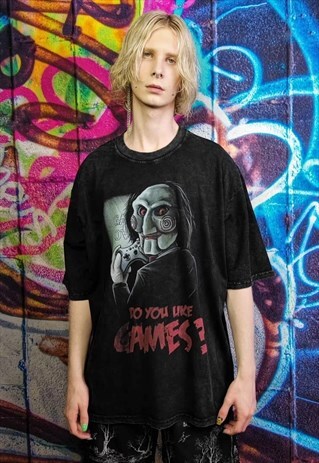 Jigsaw t-shirt old horror movie tee Gothic top in acid black