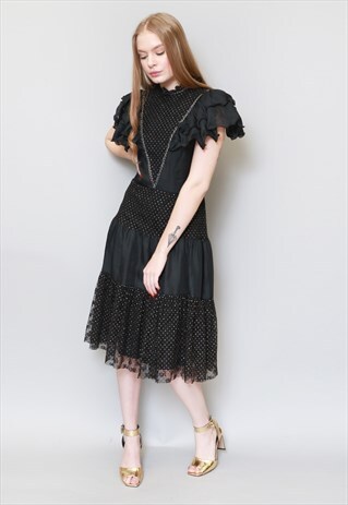 VINTAGE 1970'S BLACK METALLIC LACE SPOT RUFFLE MIDI DRESS