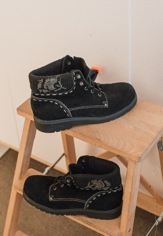 Vintage Black Suede Lace up Ankle Boots