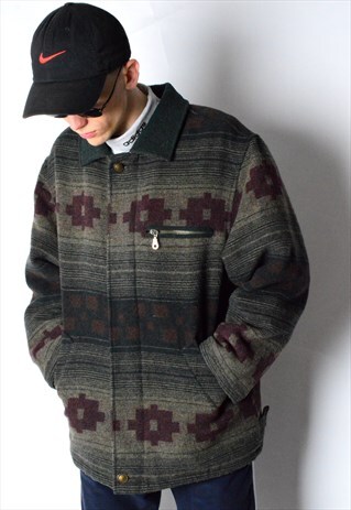 VINTAGE 80S KHAKI AZTEC WOOL BLEND WINTER COAT