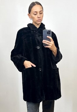 Vintage Black Faux Fur Coat ,  Black Vegan Fur Jacket