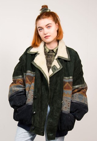 VINTAGE SUEDE SHERPA LINED AZTEC JACKET COAT