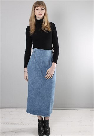VINTAGE 90S DENIM HIGH WAISTED LONG PENCIL SKIRT