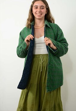 Vintage 90s Quilted Flannel Jacket Grunge Check Green Size L