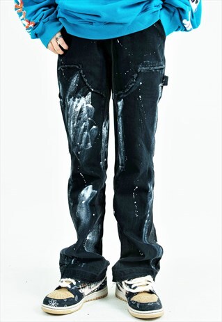 SLIM FIT PAINT SPLATTER DENIM JOGGERS REWORKED JEANS BLACK