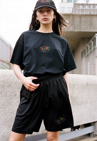 SHORTS IN BLACK WITH BE HAPPY EMBROIDERY