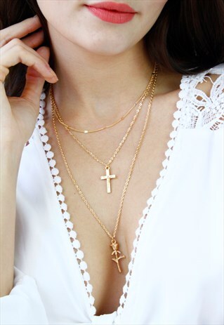 GOLD CROSS ROSE CHARM MULTI LAYER CHAIN NECKLACE