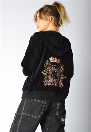 Y2K BLACK JUICY COUTURE EMBROIDERED VELVET ZIPPER HOODIE