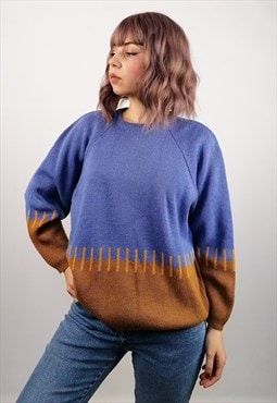 Vintage 80's 90's Retro Graphic Pattern Knit Sweater Blue