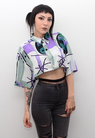 VINTAGE 90'S FUNKY ABSTRACT PATTERNED REWORKED CROP SHIRT