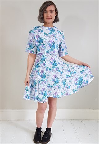 VINTAGE 80'S GREEN AND PURPLE FLORAL GRADUATED PANEL DRESS