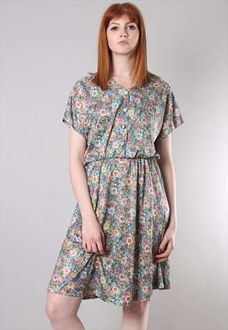 VINTAGE 70S FLORAL PATTERNED BUTTON DRESS