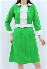70s Vintage Green Collared Mini Shift Dress