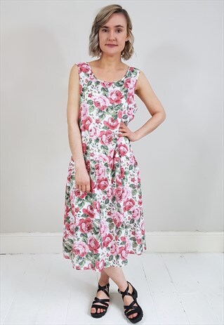 VINTAGE 90'S PINK FLORAL DROP WAIST SUMMER DRESS