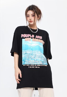 Mountain print t-shirt romantic tee grunge slogan top black