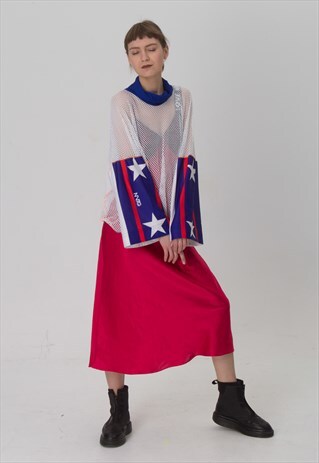 REWORKED WHITE MESH 80S HOCKEY TOP WITH FLARED SLEEVES