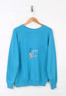 Retro Cat Embroidered Sweater Blue Ladies Large CV4125