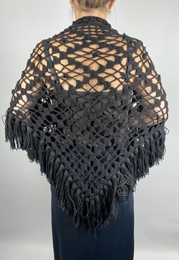 70's Vintage Black Acrylic Wool Fringed Shawl Scarf 