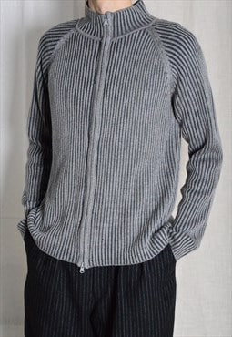 Y2K Grey Minimalist Ribbed Knit Zipper Cardigan Mens Jacket