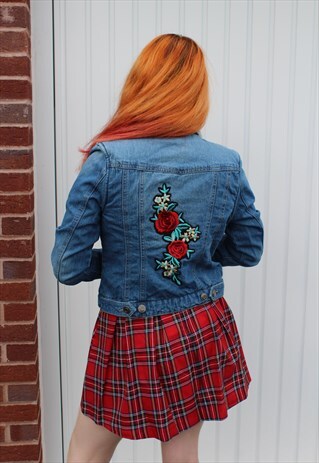 VINTAGE REWORKED 90S DENIM JACKET WITH RED ROSE BADGE