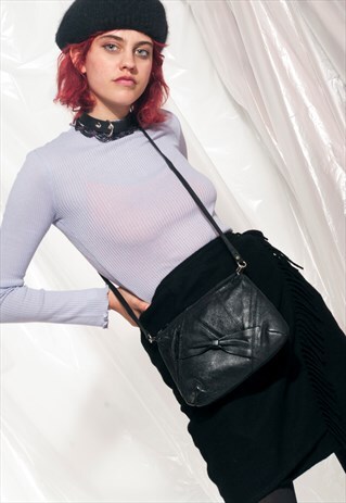 VINTAGE LEATHER SHOULDER BAG 80S GLAM BLACK CROSS-BODY PURSE