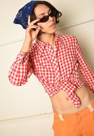 VINTAGE 70S FESTIVAL PARIS CHIC PLAID SHIRT TOP
