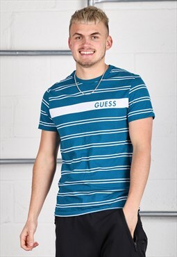 Vintage Guess T-Shirt in Blue Stripe Short Sleeve Tee Medium