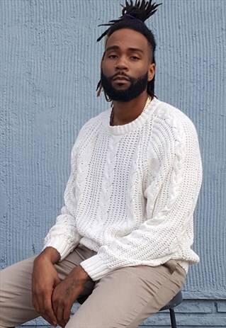 90S OVERSIZE LUXURY WHITE CABLE KNIT LINEN BLEND JUMPER