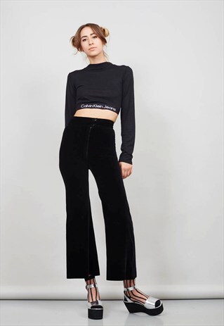 VINTAGE 70'S HIGH WAISTED BLACK FLARED VELVET TROUSERS